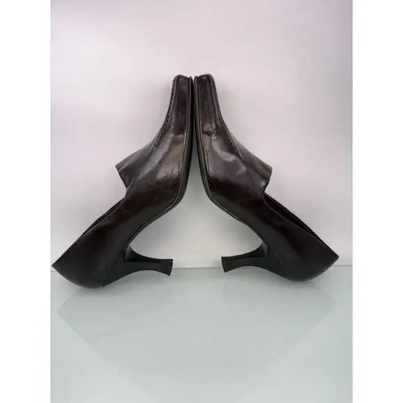 Vintage Franco Sarto Brown Leather Square Toe Kitten Heel Pumps 9.5M 90s Y2K - Picture 5 of 9